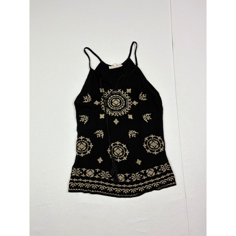 Solitaire Womens Small Black Gold Embroidered Mandala Tassel Cami Tank Top Boho